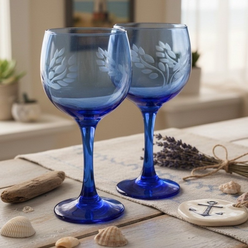 Greenbrier International Blue Floral Etched 10 oz Wine Glasses 7" Set Of 2